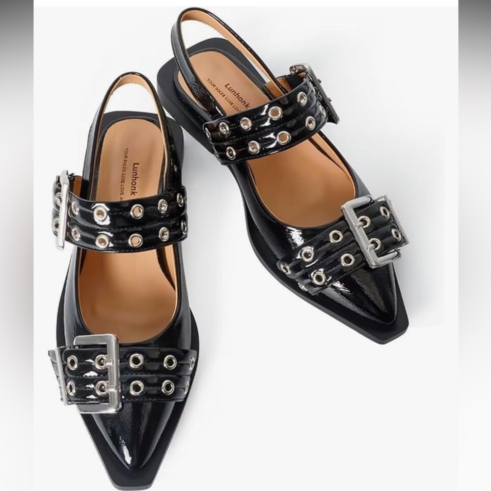 Black Patent Pointed Slingback Flats with Buckle Detail size 7.5